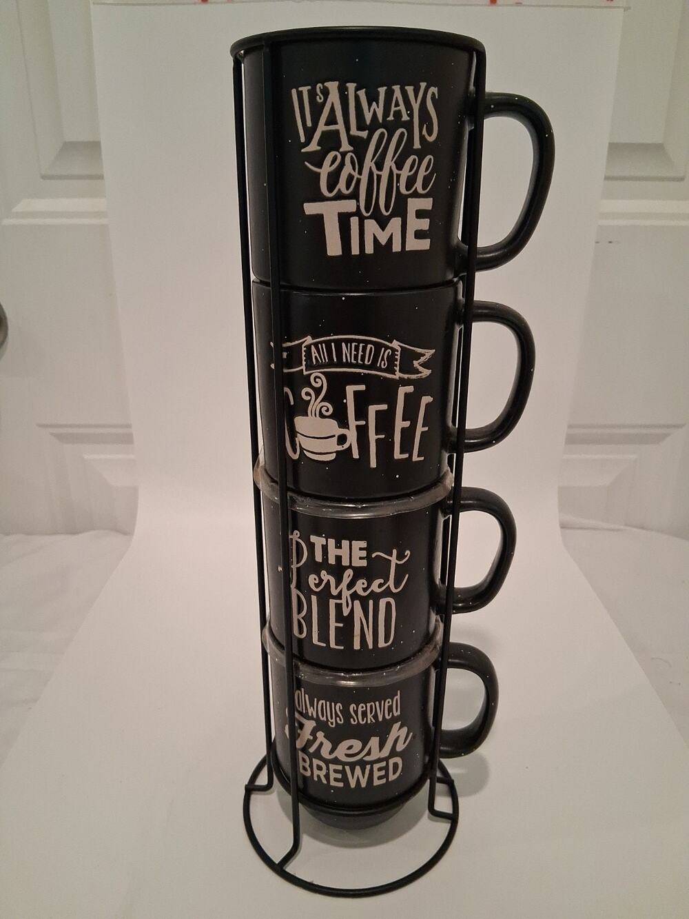 Boston Warehouse Stackable Coffee Mugs Set of 4 Black Ceramic White Font...